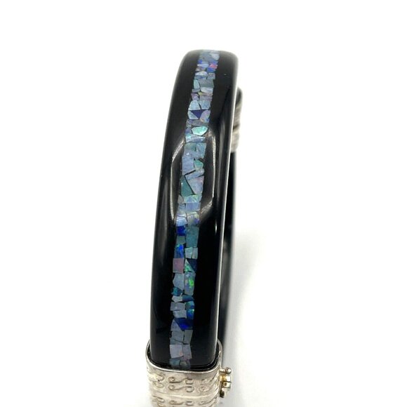 Jay King Black Onyx Agate & Micro Opal Mosaic Inlay Sterling Bangle Bracelet - Picture 5 of 9